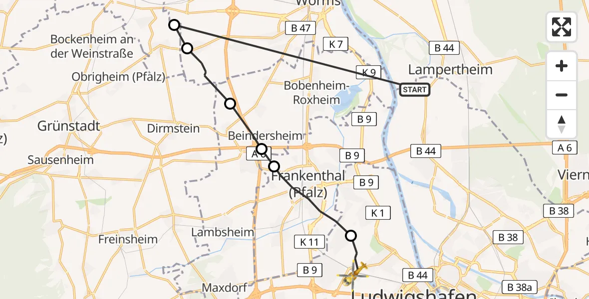 Flugroute Rettungshubschrauber Mannheim - Ludwigshafen Accident Hospital Hubschrauberlandeplatz, 06 Mai 2026, 10:19