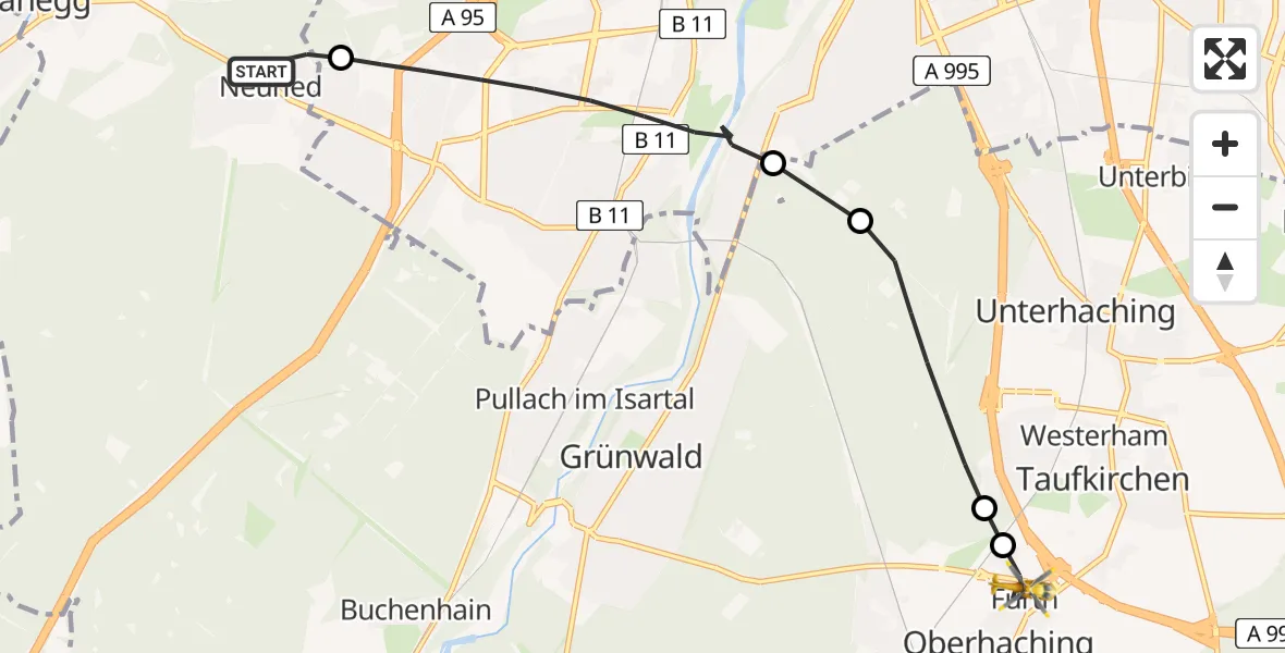 Flugroute Rettungshubschrauber Neuried - Oberhaching, 06 Mai 2026, 10:21