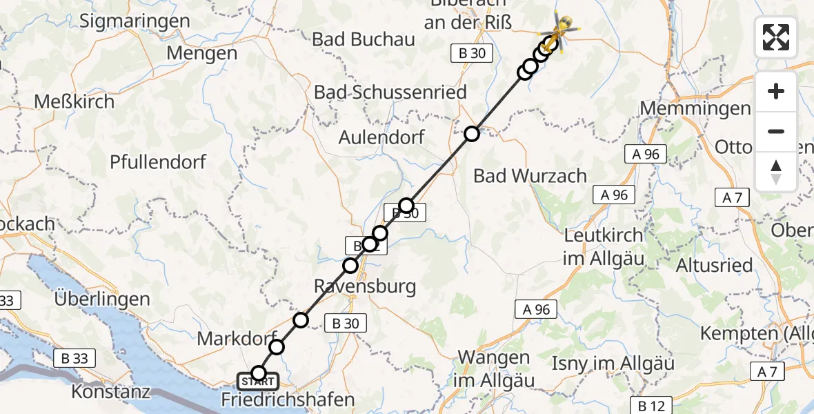 Flugroute Rettungshubschrauber Friedrichshafen Hospital - Ochsenhausen, 06 Mai 2026, 10:21