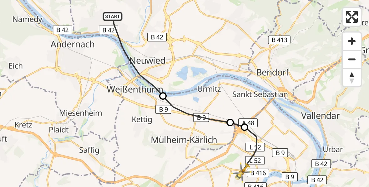 Flugroute Rettungshubschrauber Neuwied - Koblenz, 06 Mai 2026, 10:27