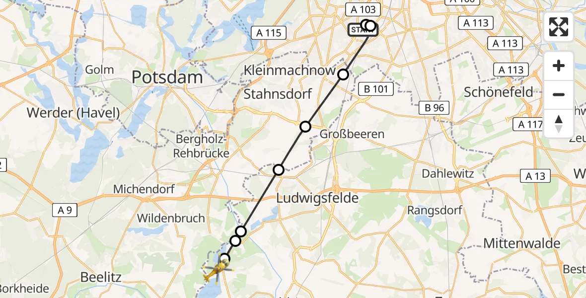Flugroute Rettungshubschrauber Charité Clinic Benjamin Franklin Campus - Trebbin, 06 Mai 2026, 10:28