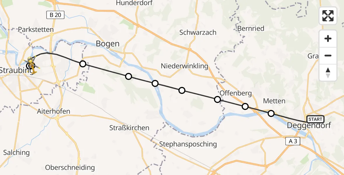 Flugroute Rettungshubschrauber Deggendorf - Sankt Elisabeth Hospital Straubing, 06 Mai 2026, 10:30