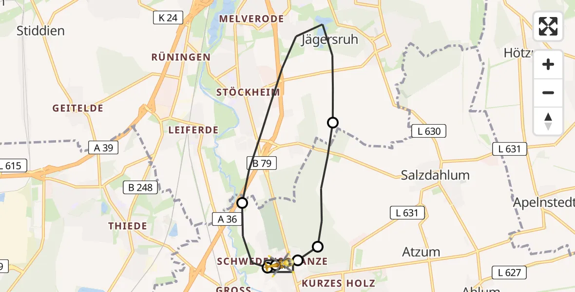 Flugroute Rettungshubschrauber Wolfenbüttel Municipal Hospital Heliport (Christoph 30) - Wolfenbüttel Municipal Hospital Heliport (Christoph 30), 06 Mai 2026, 10:34