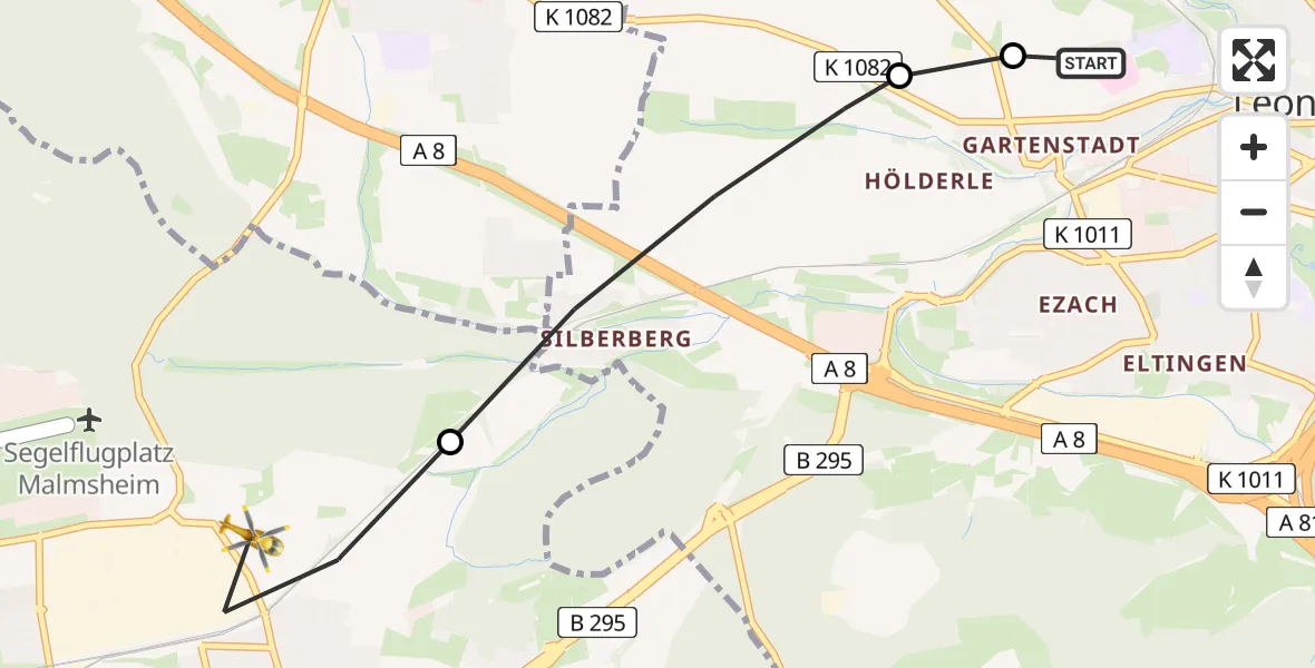 Flugroute Rettungshubschrauber Leonberg Hospital - Renningen, 06 Mai 2026, 10:36