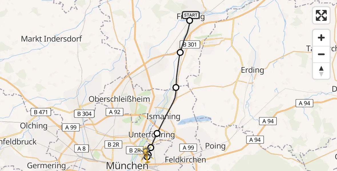 Flugroute Rettungshubschrauber Freising Clinic Hubschrauberlandeplatz - München Bogenhausen Hospital, 06 Mai 2026, 10:38