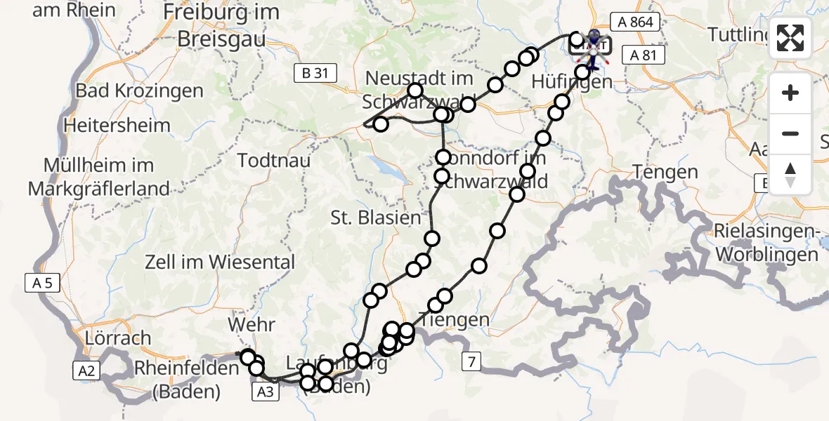 Flugroute Polizeihubschrauber Donaueschingen-Villingen Flugplatz - Donaueschingen-Villingen Flugplatz, 06 Mai 2026, 10:40