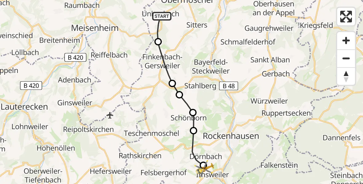 Flugroute Rettungshubschrauber Unkenbach - Imsweiler UL, 06 Mai 2026, 10:49
