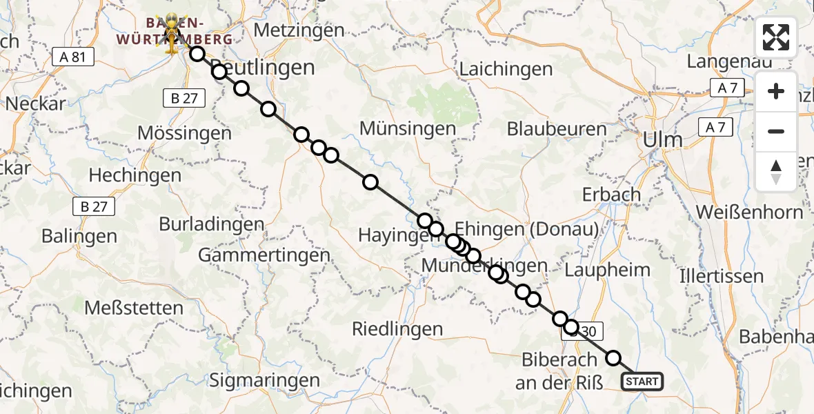 Flugroute Rettungshubschrauber Ochsenhausen - Tübingen Trauma Hospital, 06 Mai 2026, 10:55