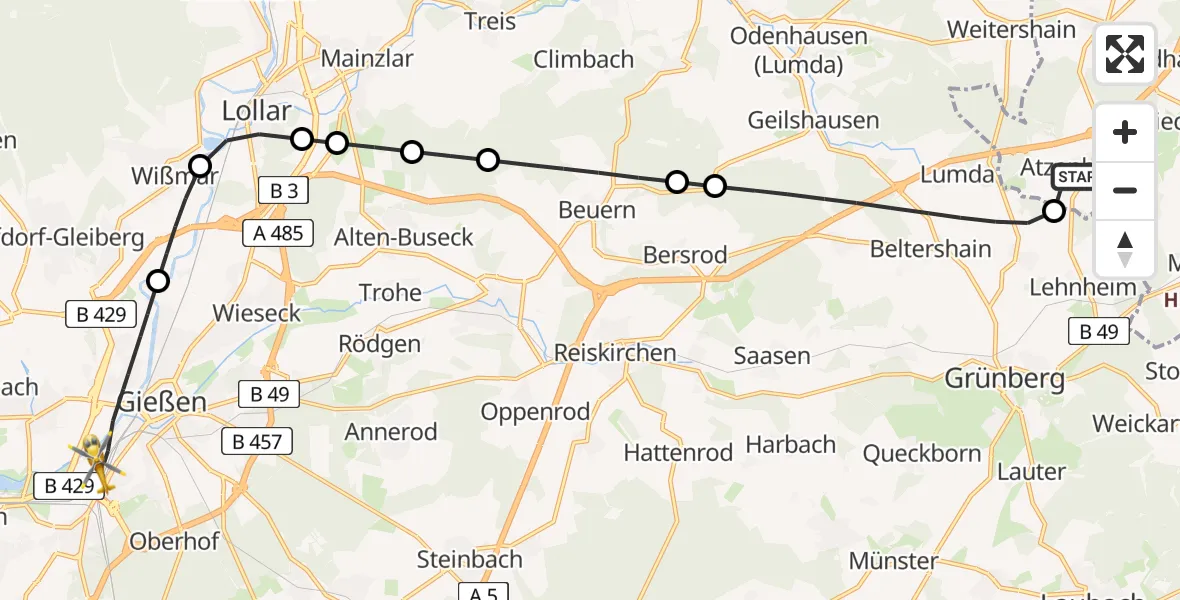 Flugroute Rettungshubschrauber Mücke - Gießen, 06 Mai 2026, 10:59