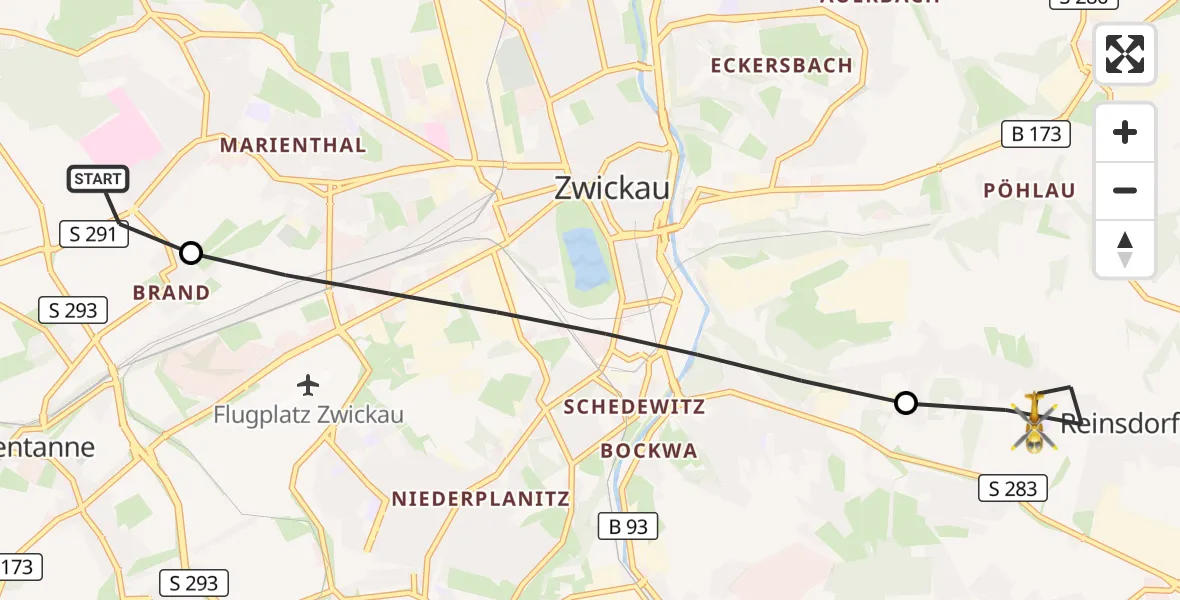 Flugroute Rettungshubschrauber ADAC Air Rescue Station Zwickau Hubschrauberlandeplatz - Reinsdorf, 06 Mai 2026, 11:01