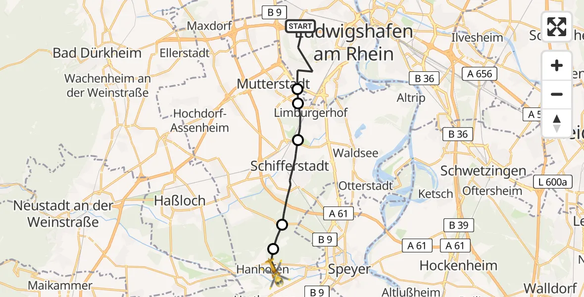 Flugroute Rettungshubschrauber Ludwigshafen am Rhein - Dudenhofen, 06 Mai 2026, 11:02
