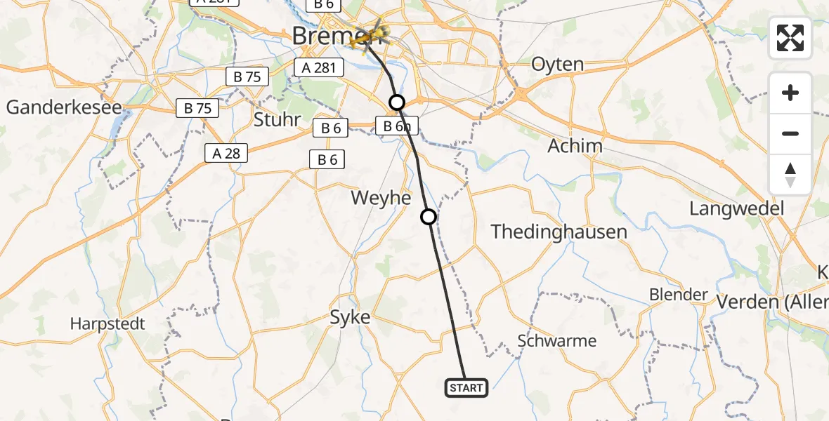 Flugroute Rettungshubschrauber Syke - Bremen, 06 Mai 2026, 11:04