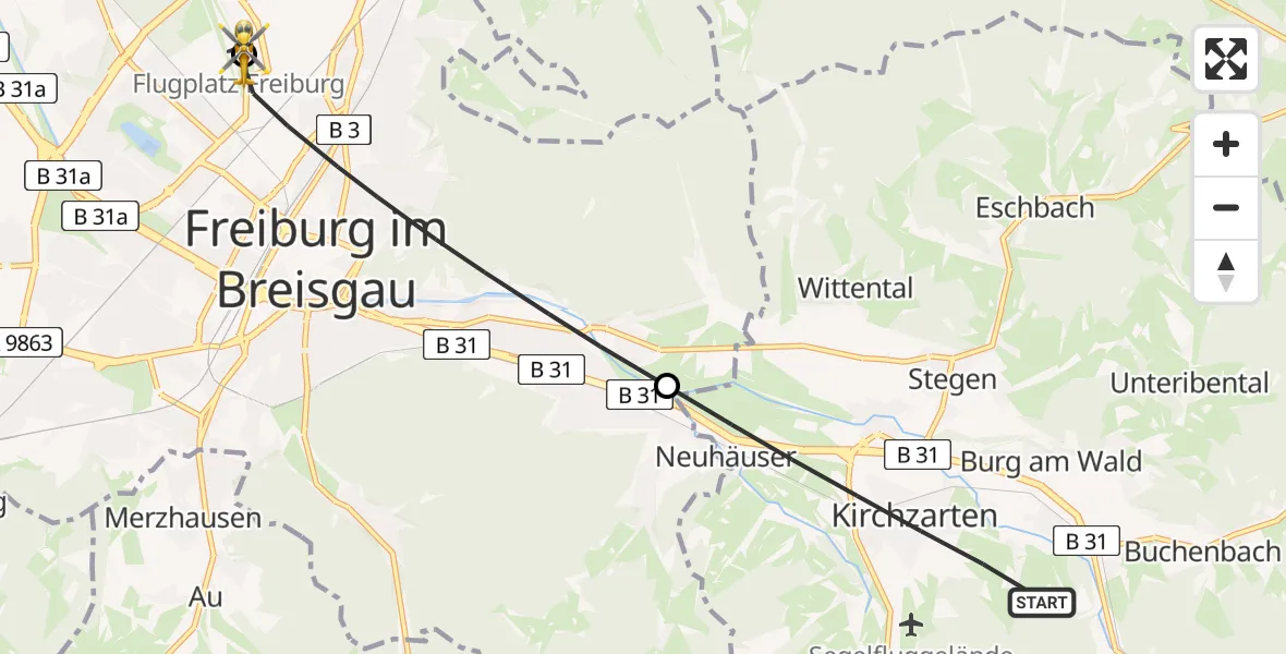Flugroute Rettungshubschrauber Kirchzarten - Freiburg im Breisgau Flugplatz, 06 Mai 2026, 11:04
