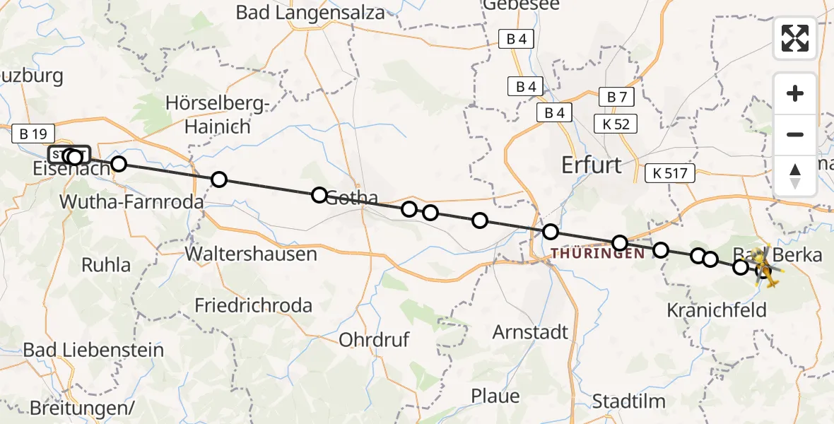 Flugroute Ambulanzhubschrauber Sankt Georg Hospital Eisenach - Bad Berka Central Hospital, 06 Mai 2026, 11:05