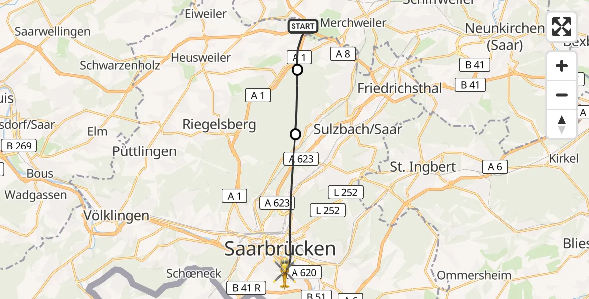 Flugroute Rettungshubschrauber Heusweiler - Saarbrücken, 06 Mai 2026, 11:09