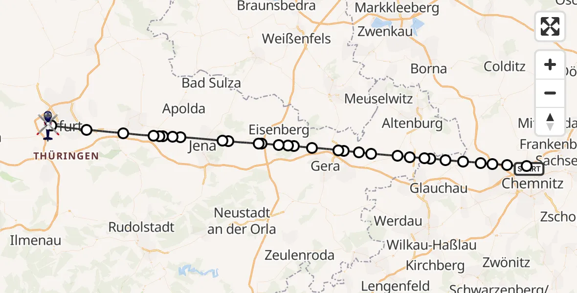 Flugroute Polizeihubschrauber Chemnitz-Glösa Industrial Park Hubschrauberlandeplatz - Erfurt-Weimar Flughafen, 06 Mai 2026, 11:09