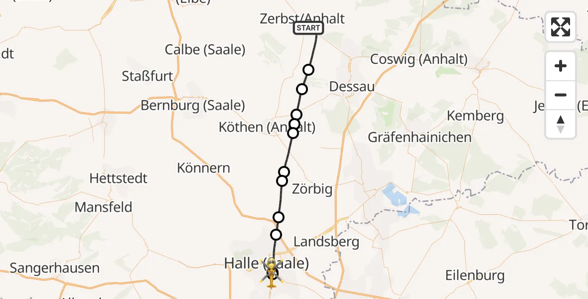 Flugroute Rettungshubschrauber Zerbst/Anhalt - BG Hospital Bergmannstrost Halle, 06 Mai 2026, 11:22