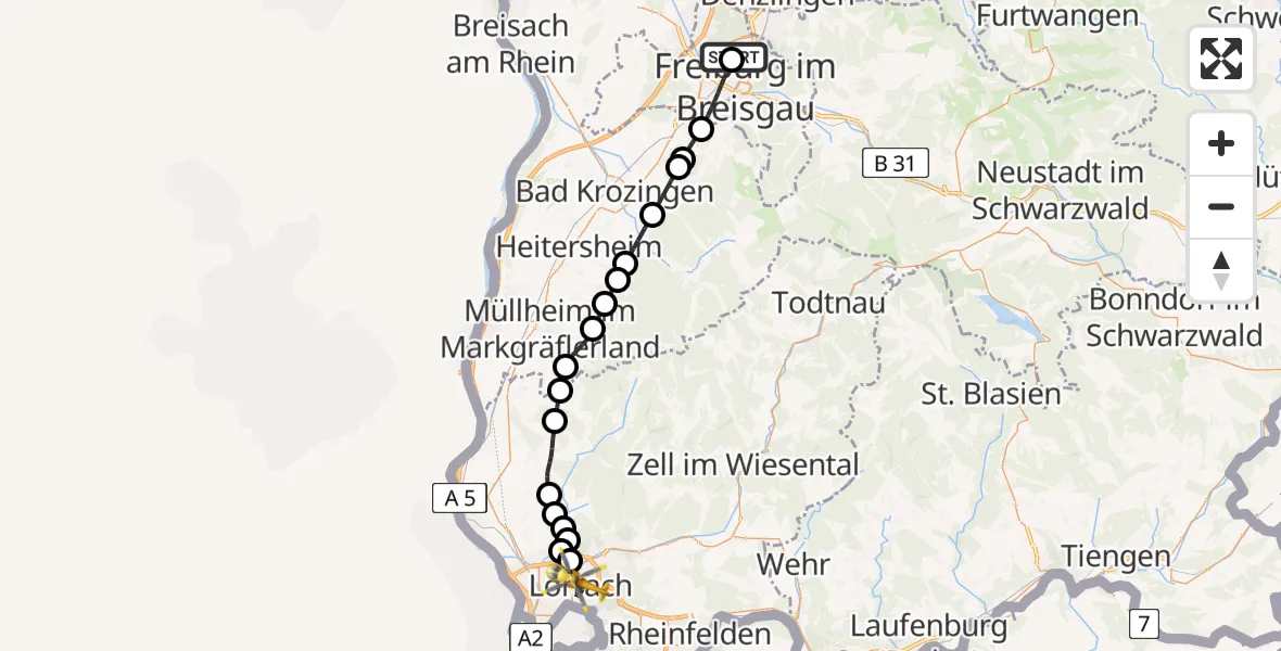 Flugroute Rettungshubschrauber Freiburg im Breisgau Flugplatz - Lörrach, 06 Mai 2026, 11:22