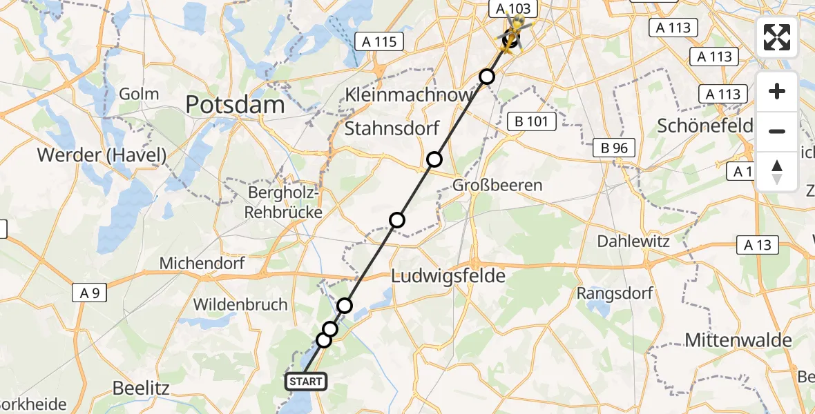 Flugroute Rettungshubschrauber Trebbin - Charité Clinic Benjamin Franklin Campus, 06 Mai 2026, 11:31
