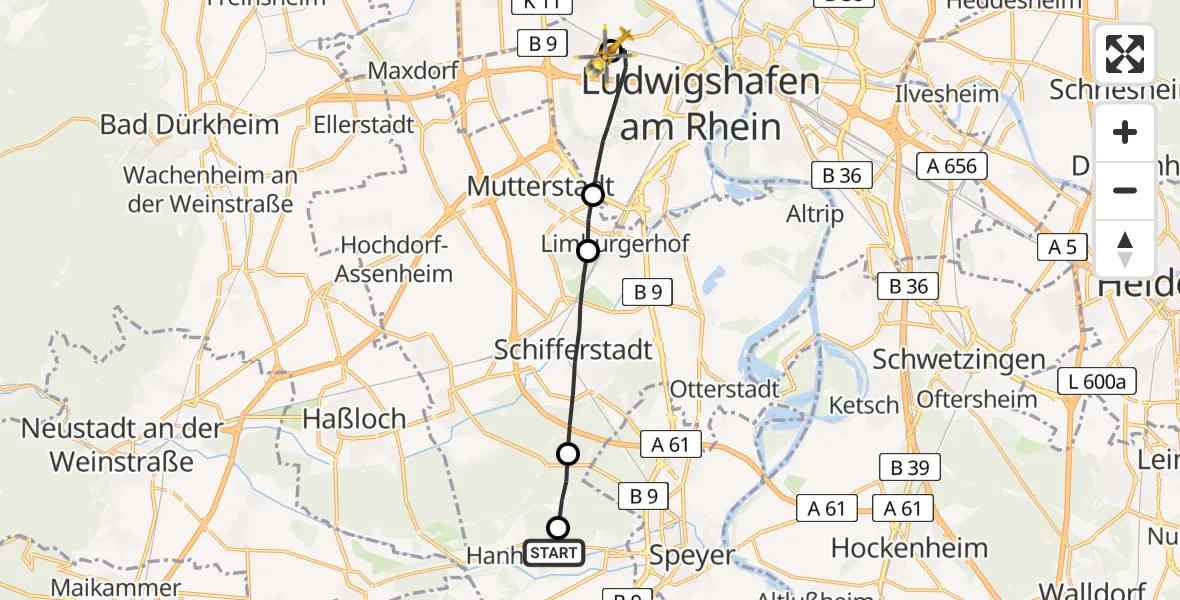 Flugroute Rettungshubschrauber Hanhofen - Ludwigshafen Accident Hospital, 06 Mai 2026, 11:34