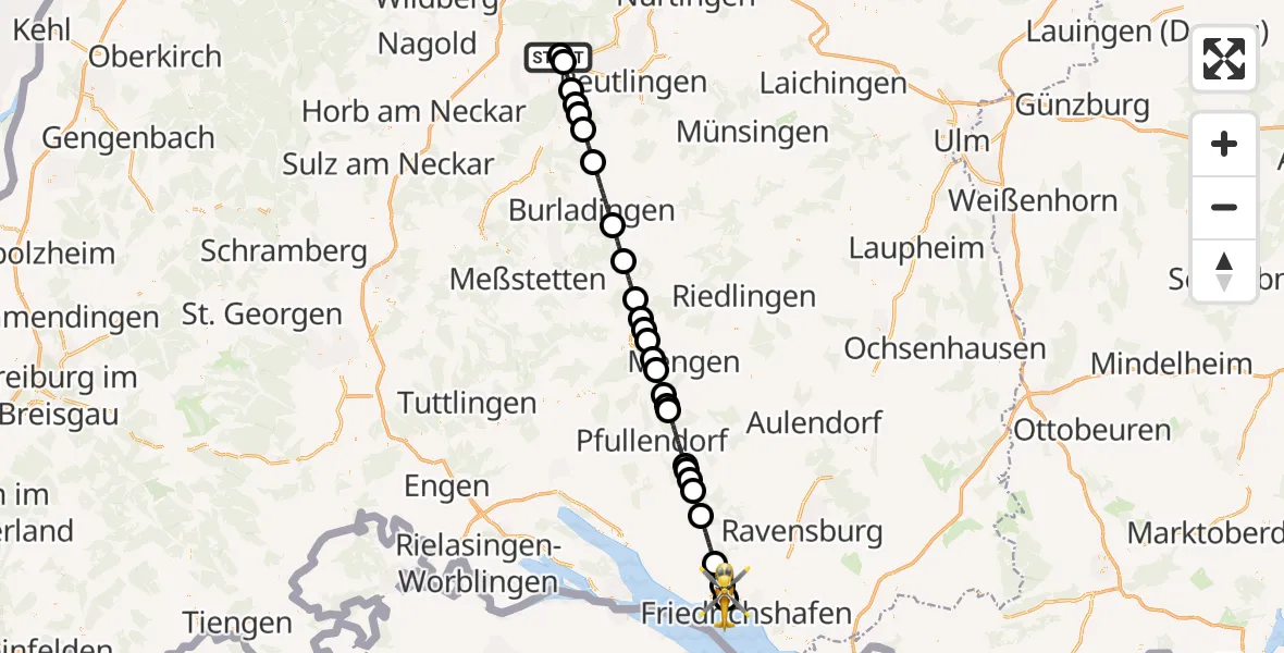 Flugroute Rettungshubschrauber Tübingen Trauma Hospital - Friedrichshafen Hospital, 06 Mai 2026, 11:45