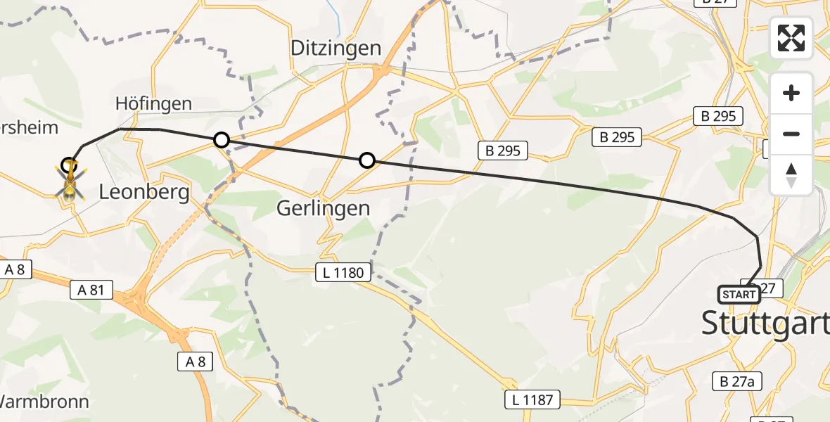 Flugroute Rettungshubschrauber Stuttgart - Leonberg Hospital Hubschrauberlandeplatz, 06 Mai 2026, 11:47