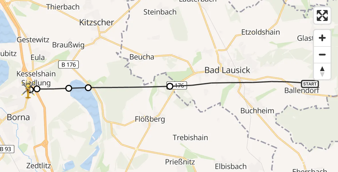 Flugroute Rettungshubschrauber Bad Lausick - Sana Hospital Borna, 06 Mai 2026, 11:53