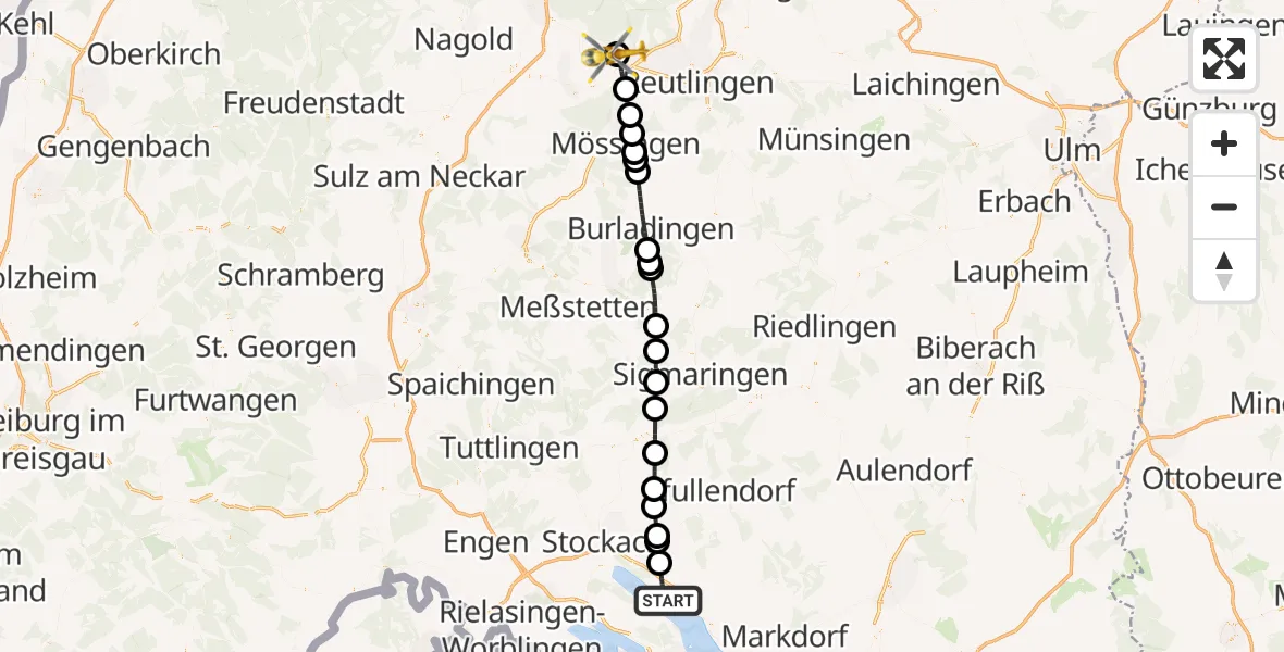 Flugroute Ambulanzhubschrauber Überlingen - Tübingen University Hospital, 06 Mai 2026, 12:02