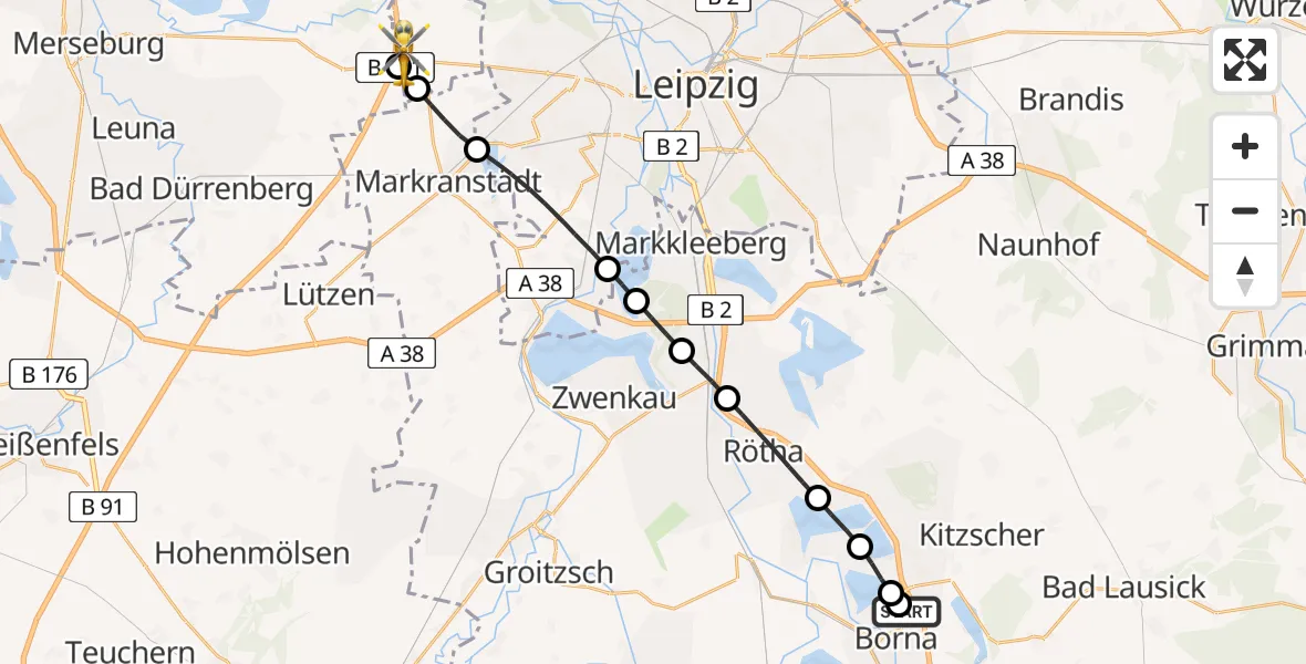 Flugroute Rettungshubschrauber Sana Hospital Borna - ADAC Air Rescue Station Leipzig/Schkeuditz-Dölzig Hubschrauberlandeplatz (Christoph 61), 06 Mai 2026, 12:31