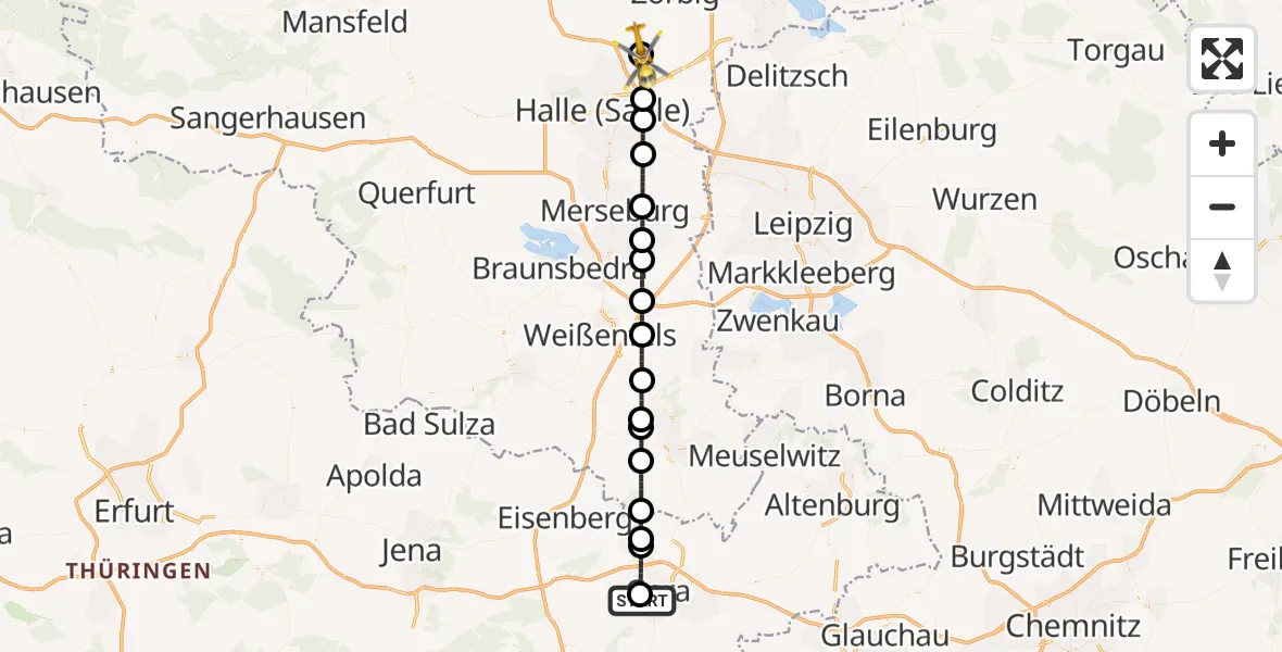 Flugroute Rettungshubschrauber SRH Wald-Klinikum Gera Hospital - Halle-Oppin Flugplatz, 06 Mai 2026, 12:41