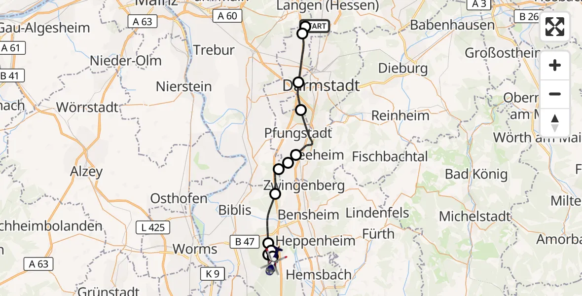 Flugroute Polizeihubschrauber Flughafen Frankfurt-Egelsbach - Lampertheim, 06 Mai 2026, 12:42
