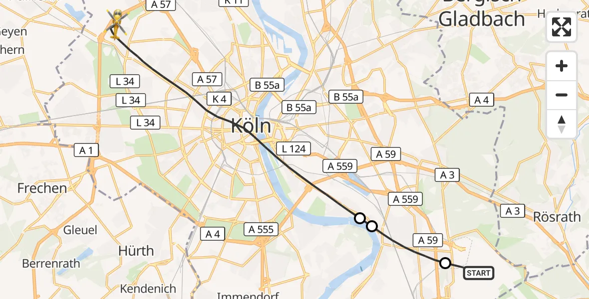 Flugroute Rettungshubschrauber Köln Bonn Flughafen - Köln, 06 Mai 2026, 12:45