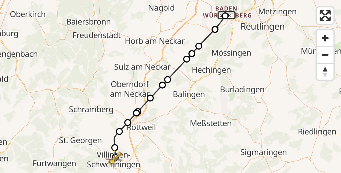Flugroute Ambulanzhubschrauber Tübingen University Hospital - DRF Air Rescue Station Villingen-Schwenningen Hubschrauberlandeplatz (Christoph 11), 06 Mai 2026, 13:00