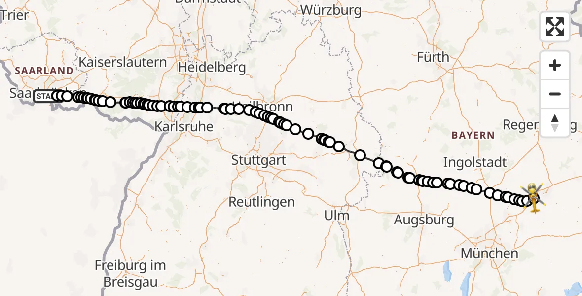 Flugroute Rettungshubschrauber Saarbrücken - Landshut Flugplatz, 06 Mai 2026, 13:03