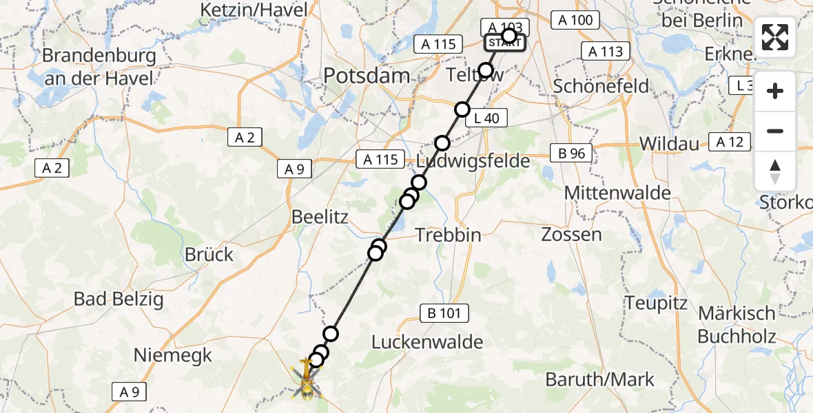 Flugroute Rettungshubschrauber Charité Clinic Benjamin Franklin Campus - Treuenbrietzen, 06 Mai 2026, 13:06
