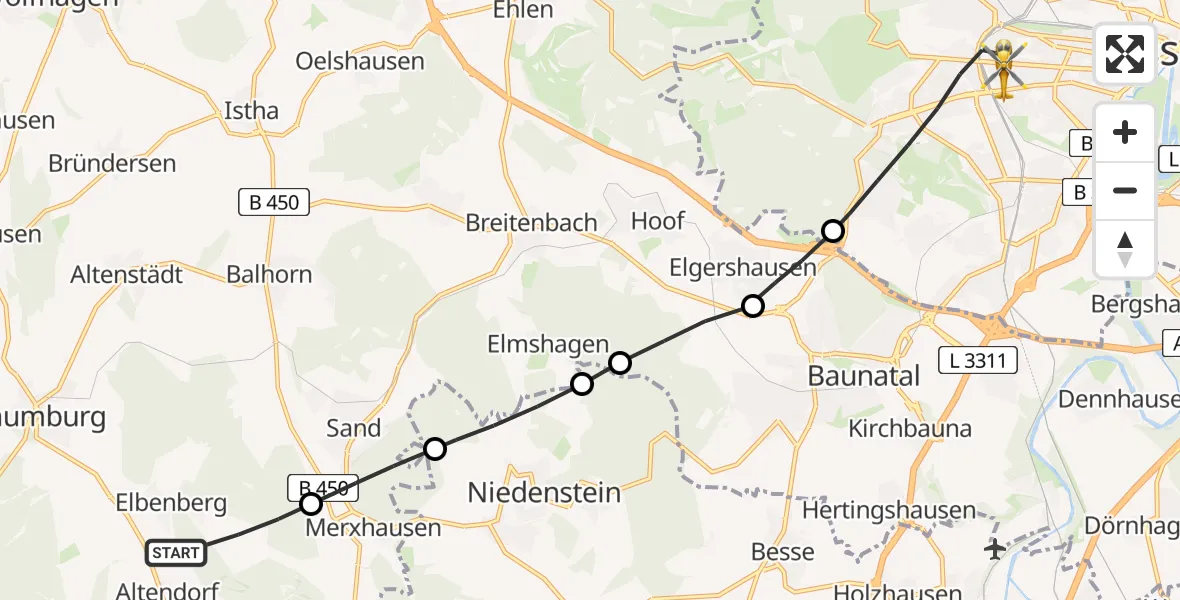 Flugroute Rettungshubschrauber Naumburg - Kassel, 06 Mai 2026, 13:09