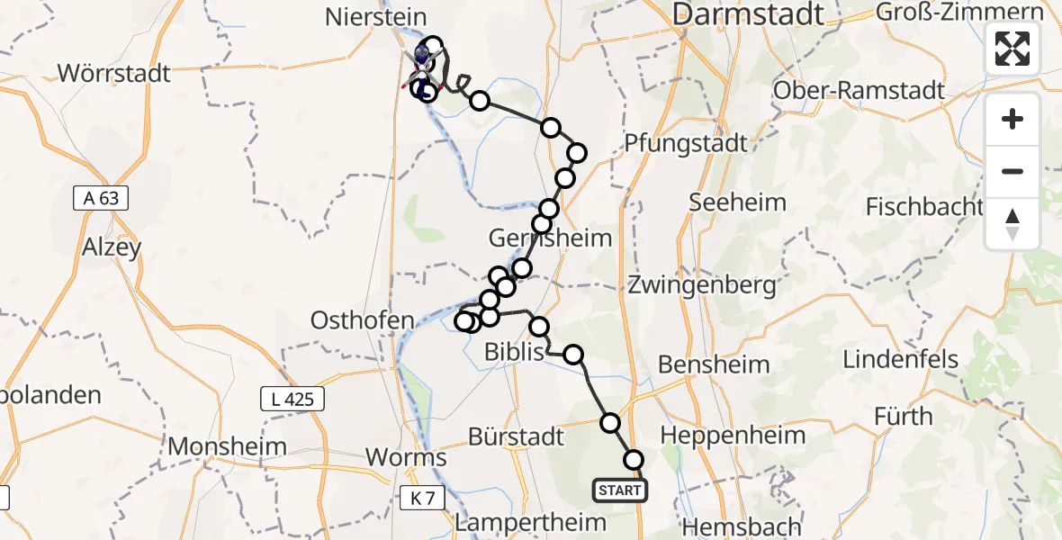 Flugroute Polizeihubschrauber Lampertheim - Oppenheim Flugplatz, 06 Mai 2026, 13:10