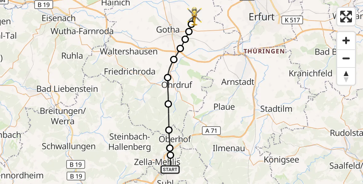 Flugroute Rettungshubschrauber Suhl - Friemar, 06 Mai 2026, 13:13