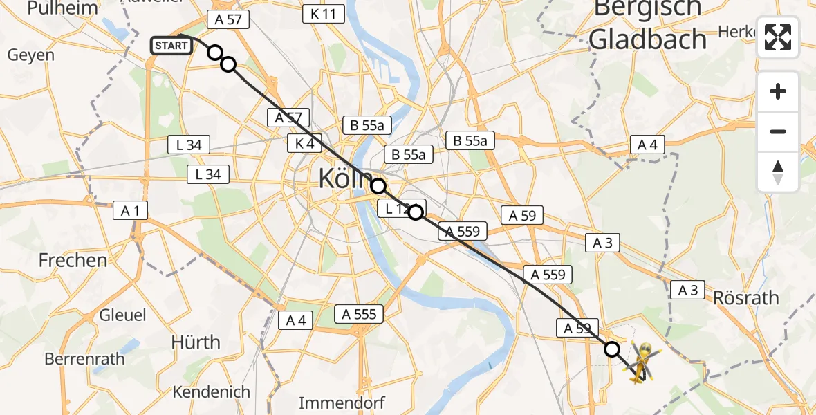 Flugroute Rettungshubschrauber Köln - Köln Bonn Flughafen, 06 Mai 2026, 13:14