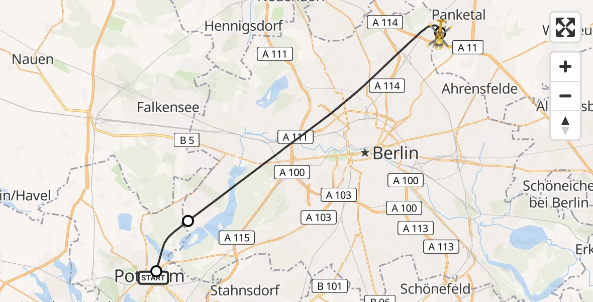 Flugroute Rettungshubschrauber Ernst von Bergmann Clinic Hubschrauberlandeplatz - Helios Clinic Berlin-Buch, 06 Mai 2026, 13:15