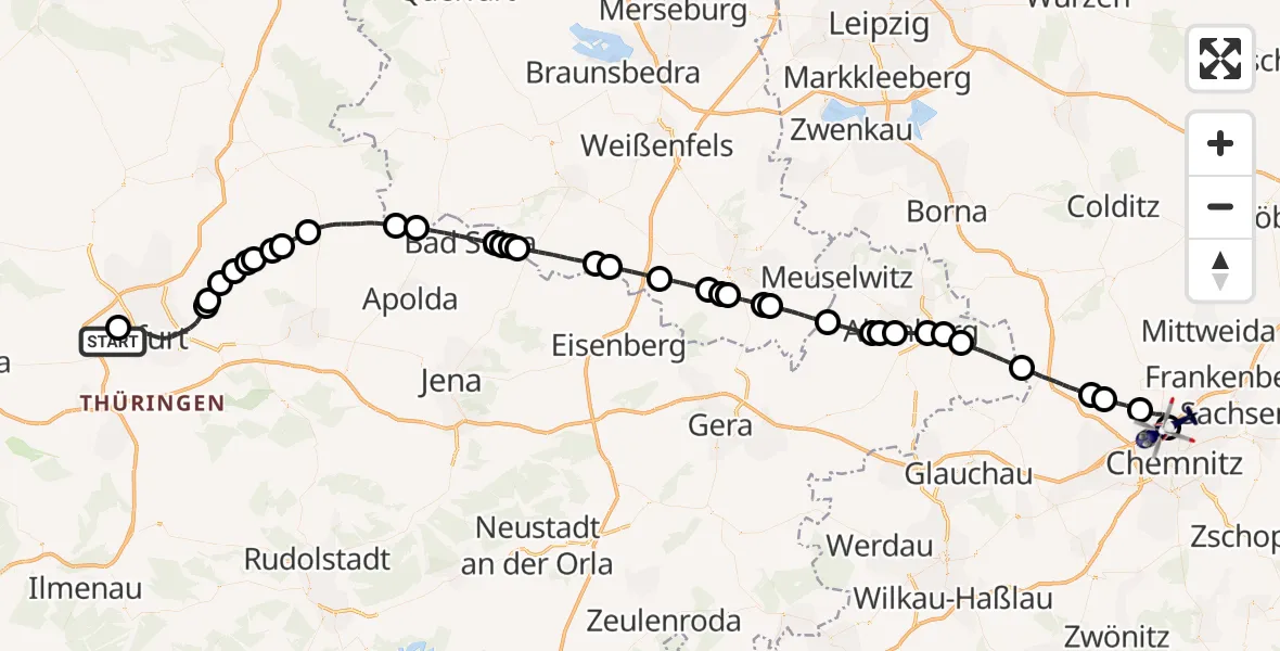 Flugroute Polizeihubschrauber Erfurt-Weimar Flughafen - Chemnitz-Glösa Industrial Park Hubschrauberlandeplatz, 06 Mai 2026, 13:40
