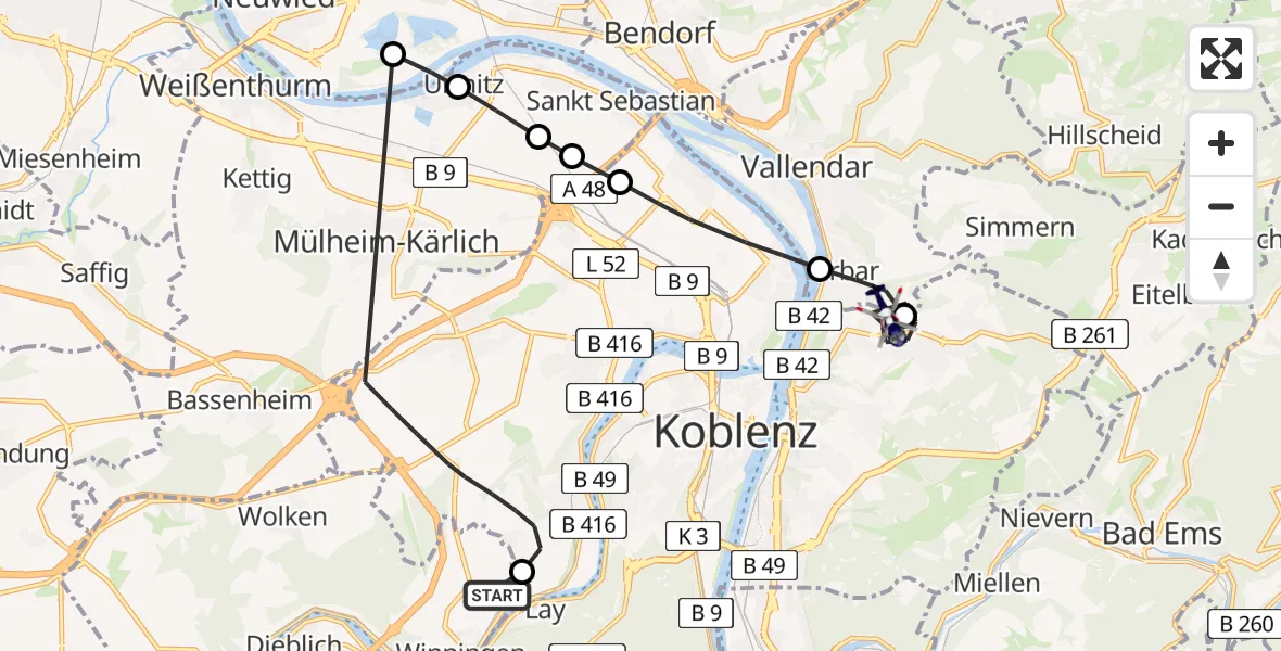 Flugroute Polizeihubschrauber Koblenz-Winningen Flugplatz - Koblenz, 06 Mai 2026, 13:40
