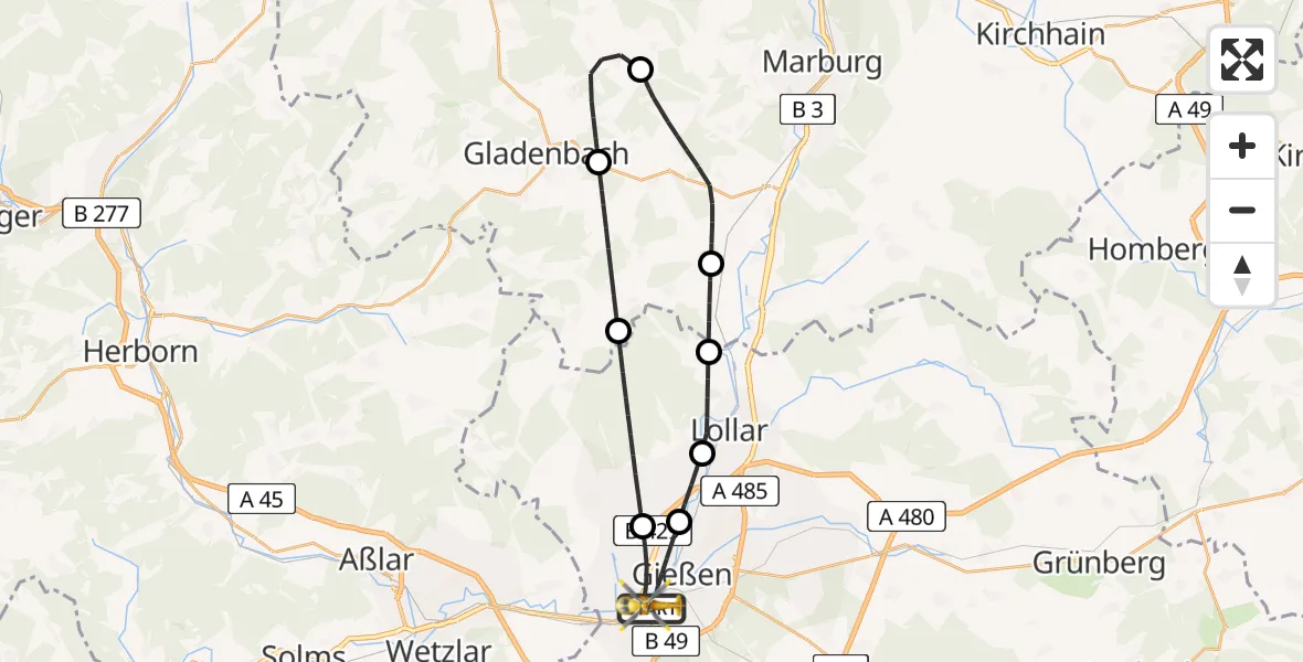 Flugroute Rettungshubschrauber Gießen - Gießen, 06 Mai 2026, 13:43