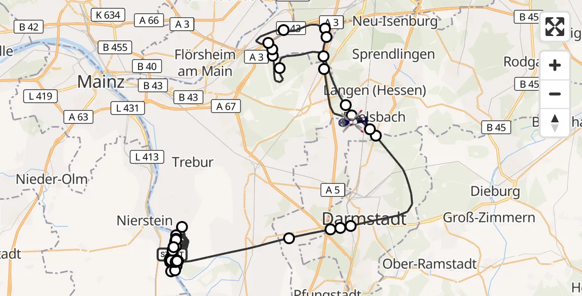 Flugroute Polizeihubschrauber Oppenheim Flugplatz - Flughafen Frankfurt-Egelsbach, 06 Mai 2026, 13:47