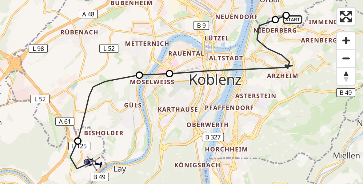 Flugroute Polizeihubschrauber Koblenz - Koblenz-Winningen Flugplatz, 06 Mai 2026, 14:02