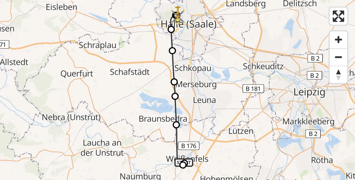 Flugroute Rettungshubschrauber Asklepios Clinic Weißenfels - Halle (Saale) University Hospital, 06 Mai 2026, 14:11