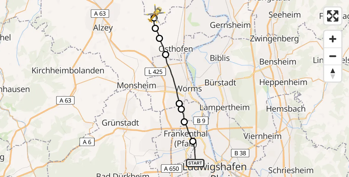 Flugroute Rettungshubschrauber Ludwigshafen am Rhein - Dorn-Dürkheim, 06 Mai 2026, 14:13