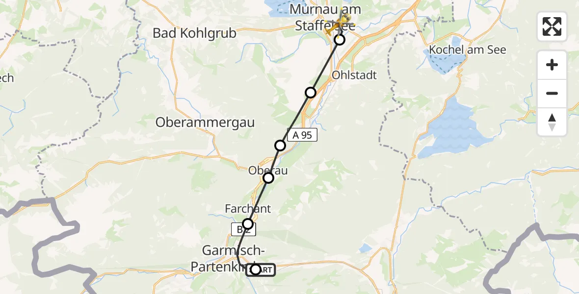 Flugroute Rettungshubschrauber Garmisch-Partenkirchen Clinic Hubschrauberlandeplatz - Murnau Accident Hospital, 06 Mai 2026, 14:17