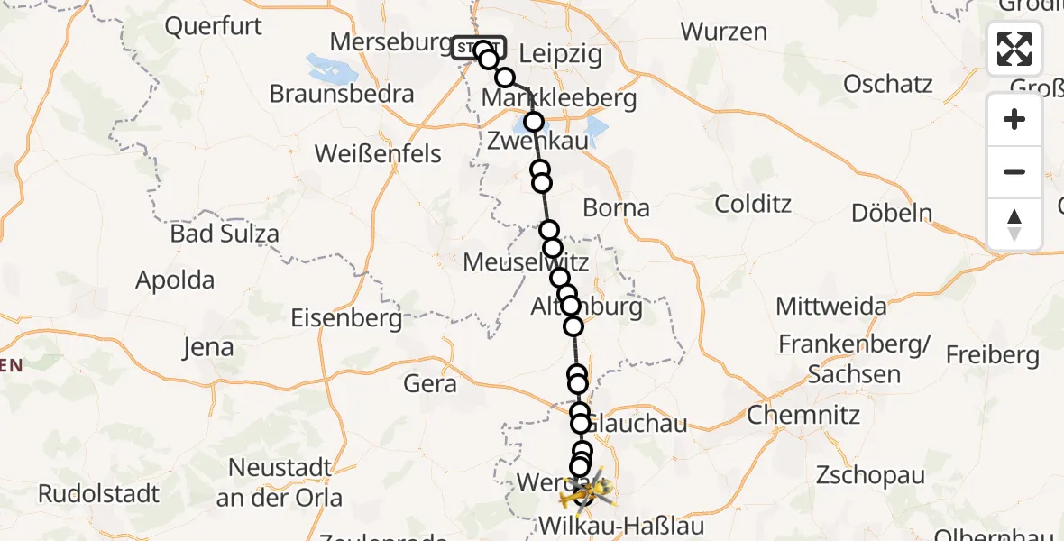 Flugroute Rettungshubschrauber ADAC Air Rescue Station Leipzig/Schkeuditz-Dölzig Hubschrauberlandeplatz (Christoph 61) - ADAC Air Rescue Station Zwickau Hubschrauberlandeplatz, 06 Mai 2026, 14:30