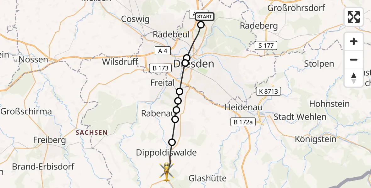 Flugroute Rettungshubschrauber Dresden Flughafen - Dippoldiswalde, 06 Mai 2026, 14:31